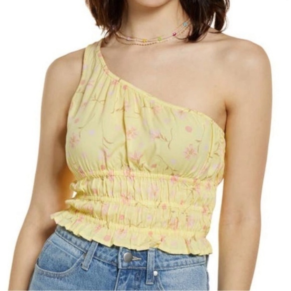 BP Women’s Sophie Crop Top One Shoulder Floral Smocked Yellow Lemonade